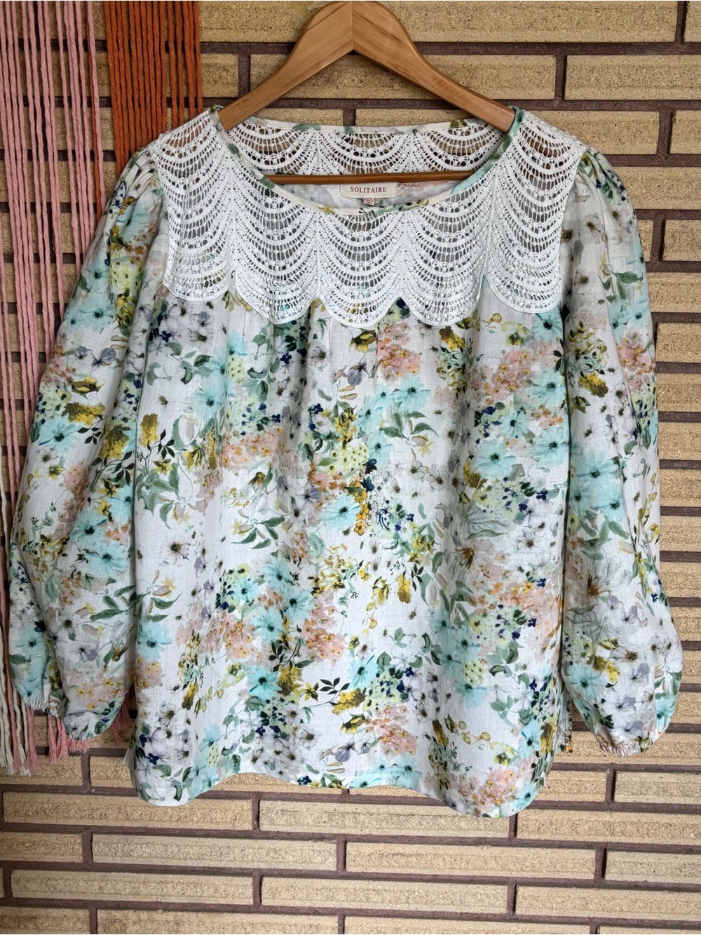 Watercolor Floral Top with Lace Detail - L - 10 - 12 - Women's Blouse - Boho
